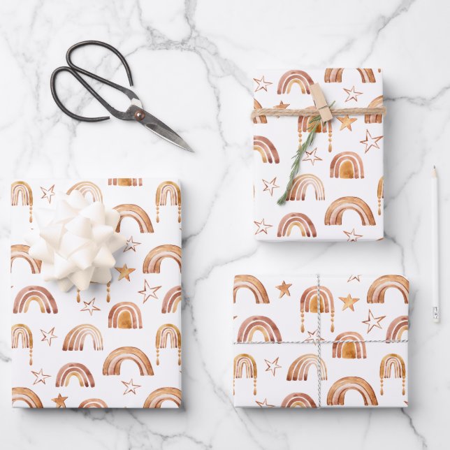 Boho Rainbow Stars Terracotta Brown Baby Shower  Wrapping Paper Sheets (Front)