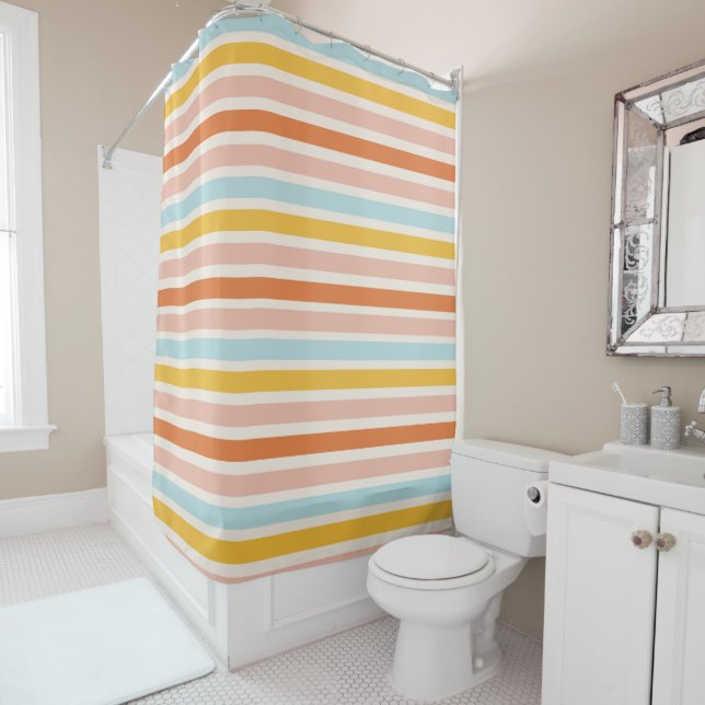 Boho Rainbow Stripe Pink Red Yellow Shower Curtain (In Situ)