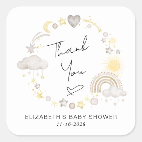 Boho Rainbow Sun Baby Shower Thank You Square Sticker