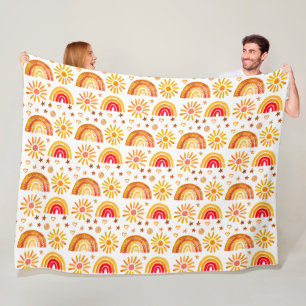 Boho Rainbow Sun Stars Watercolor Orange Pattern Fleece Blanket