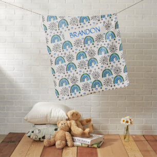 Boho Rainbow Sun Watercolor Blue Baby Boy Pattern Blanket