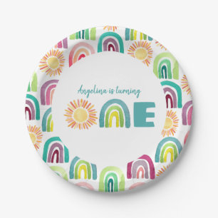 Boho Rainbow & Suns 1st Birthday Blue Watercolor Paper Plates
