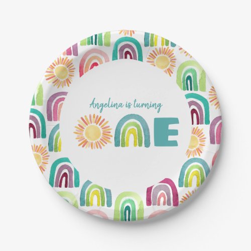 Boho Rainbow  Suns 1st Birthday Blue Watercolor Paper Plates