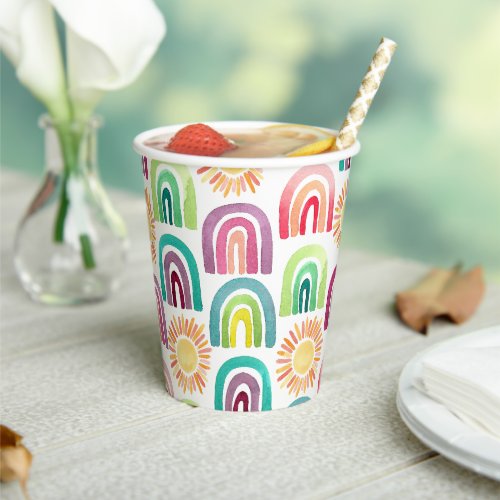 Boho Rainbow  Suns 1st Birthday Watercolor Paper Cups