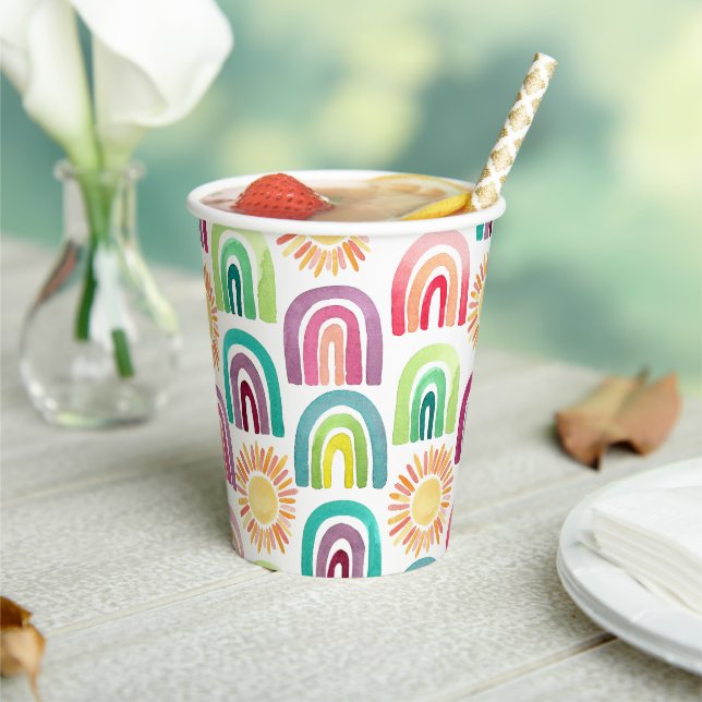 Boho Rainbow & Suns 1st Birthday Watercolor Paper Cups (Insitu)