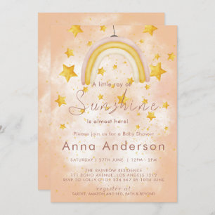 Boho Rainbow Sunshine Gold Stars Dusty Baby Shower Invitation