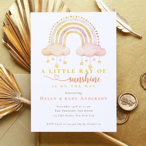 Boho Rainbow Sunshine Pink Girl Baby Shower Invitation