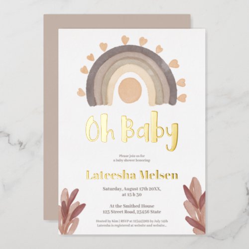 Boho rainbow sunshine watercolor baby shower foil invitation