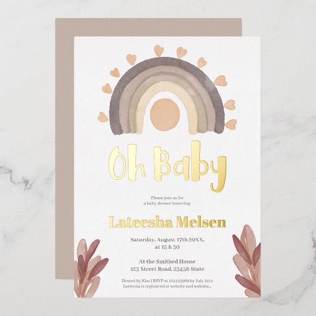 Boho rainbow sunshine watercolor baby shower foil invitation (Front/Back)