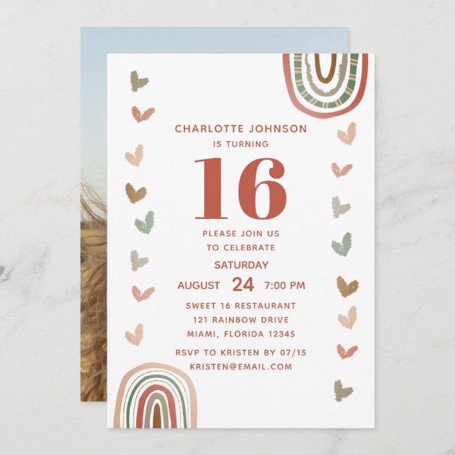 Boho Rainbow Sweet 16 Modern Birthday Party Invitation (Front/Back)