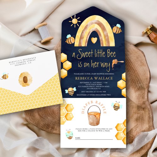 Boho Rainbow Sweet Little Bee Navy Baby Shower All In One Invitation
