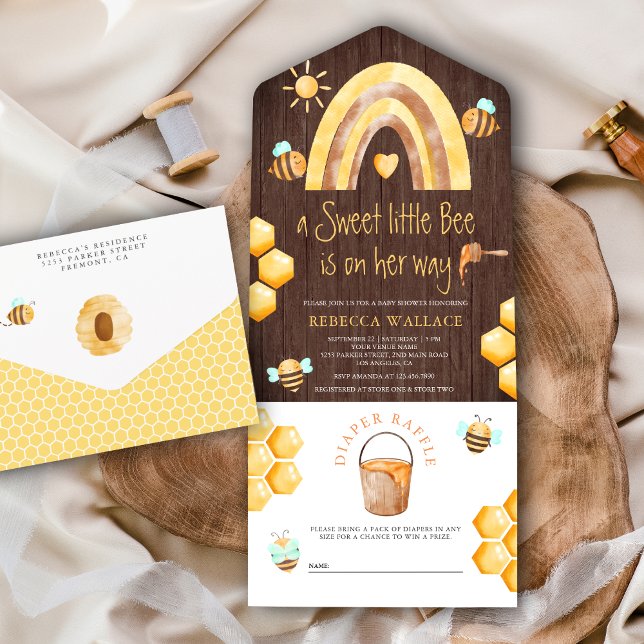 Boho Rainbow Sweet Little Bee Wood Baby Shower All In One Invitation (Creator Uploaded)