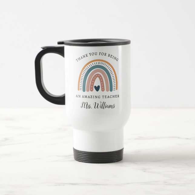 Boho Rainbow Teacher Appreciation Name Travel Mug (Left)