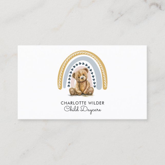 Boho Rainbow Teddy Bear Child Daycare Business Card (Front)