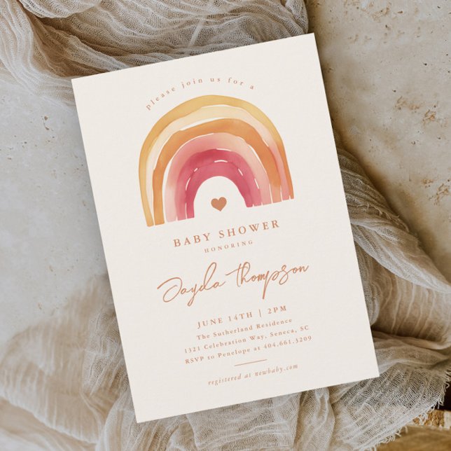 Boho Rainbow Terracotta Baby Shower Invitation (Boho rainbow hand painted baby shower invitations.)