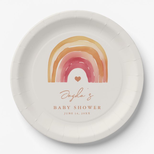 Boho Rainbow Terracotta Baby Shower Paper Plates (Front)