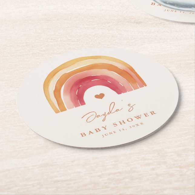 Boho Rainbow Terracotta Baby Shower Round Paper Coaster (Angled)