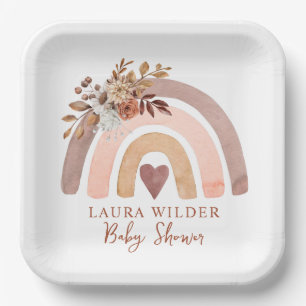 Boho Rainbow Terracotta Brown Rust Baby Shower Paper Plates