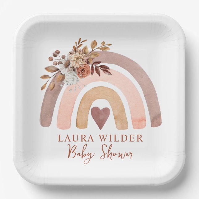 Boho Rainbow Terracotta Brown Rust Baby Shower Paper Plates (Front)