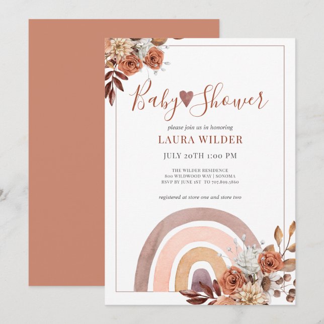 Boho Rainbow Terracotta Burnt Orange Baby Shower Invitation (Front/Back)
