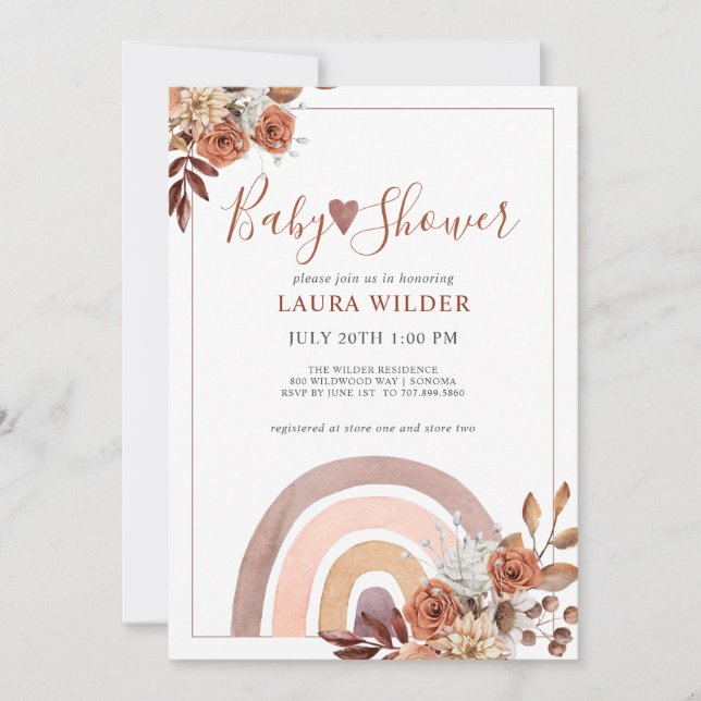 Boho Rainbow Terracotta Burnt Orange Baby Shower Invitation (Front)