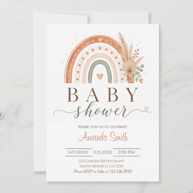 Boho Rainbow Terracotta Pampas Neutral Baby Shower Invitation (Front)
