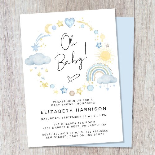 Boho Rainbow Watercolor Baby Boy Shower Invitation