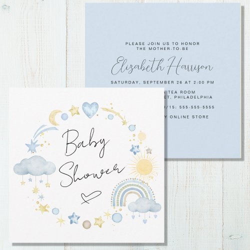 Boho Rainbow Watercolor Baby Boy Shower Invitation