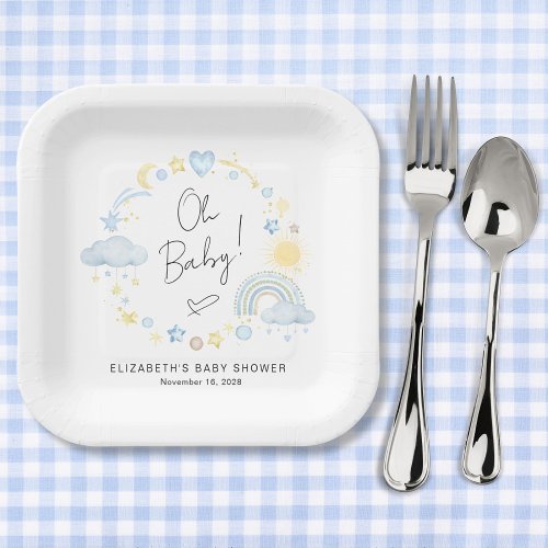 Boho Rainbow Watercolor Baby Boy Shower Paper Plates