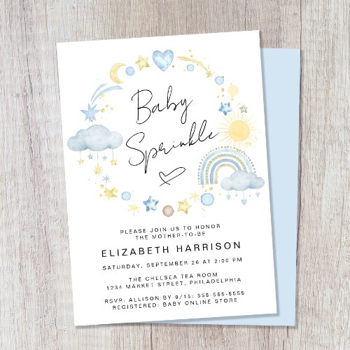 Boho Rainbow Watercolor Baby Boy Sprinkle Invitation