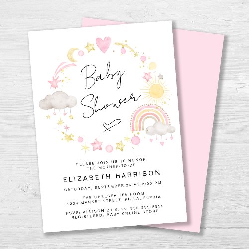 Boho Rainbow Watercolor Baby Girl Shower Invitation