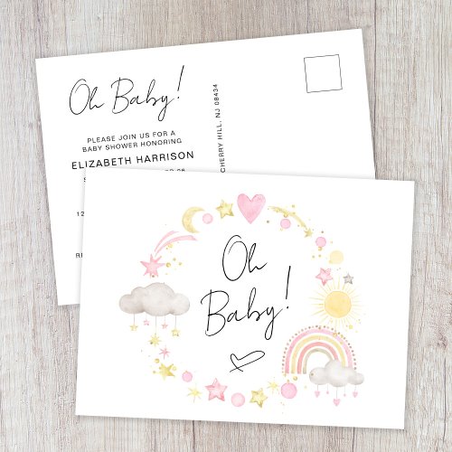Boho Rainbow Watercolor Baby Girl Shower Invitation Postcard
