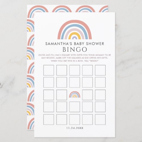 Boho Rainbow Watercolor Baby Shower Bingo