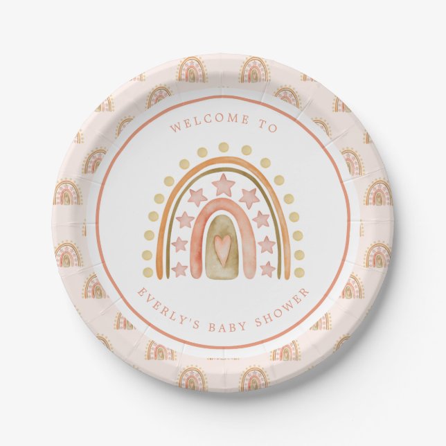 Boho Rainbow Watercolor Baby Shower Paper Plates (Front)