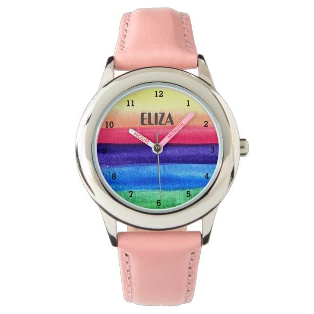 Boho Rainbow Watercolor Cute Girls Pink Kids name Watch (Front)