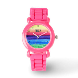 Boho Rainbow Watercolor Cute Girls Pink Kids Watch