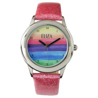Boho Rainbow Watercolor Cute Girls Pink Kids Watch