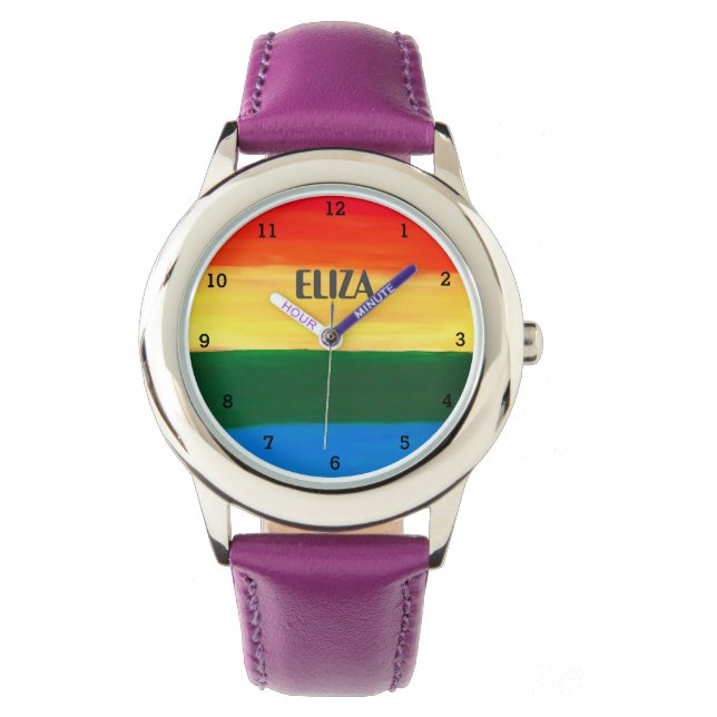 Boho Rainbow Watercolor Cute Girls Pink Kids Watch (Front)