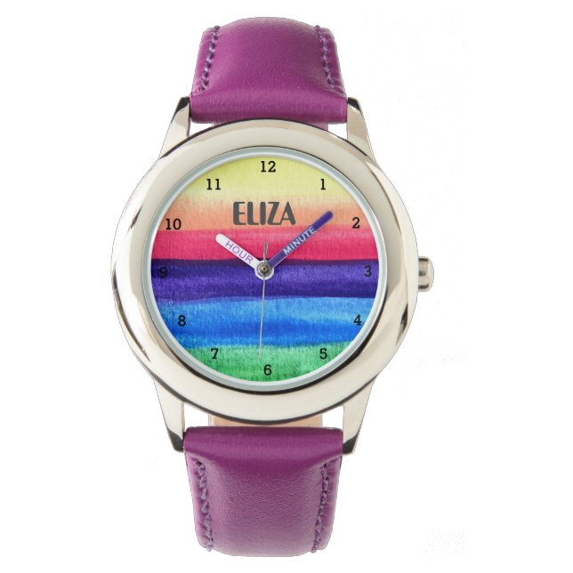 Boho Rainbow Watercolor Cute Girls Pink Kids Watch (Front)