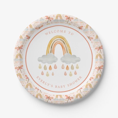 Boho Rainbow Watercolor Dragonfly Baby Shower Paper Plates