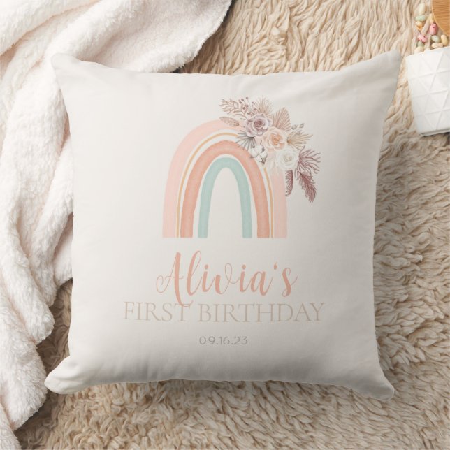 Boho Rainbow Watercolor First Birthday Throw Pillow (Blanket)