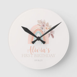 Boho Rainbow Watercolor First Birthday Wall Clock
