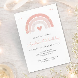 Boho Rainbow Watercolor Girl Pink Birthday Invitation