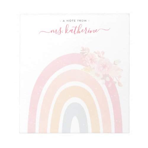 Boho Rainbow Watercolor Pink Floral Teachers Notepad