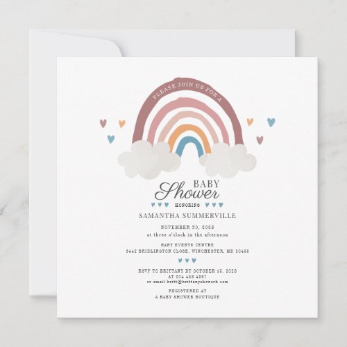 Boho Rainbow Watercolor Script Baby Shower Invitation