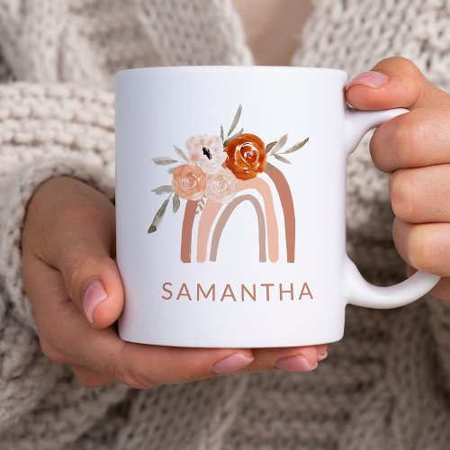 Boho Rainbow with Flowers  Neutral Color Coffee Mug