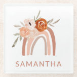 Boho Rainbow with Flowers | Neutral Color Glass Coaster<br><div class="desc">This trendy and stylish coaster features a boho rainbow,  made up of various neutral tones and a bouquet of orange and peach colored flowers. Add your name to personalize.</div>