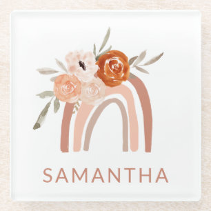 Boho Rainbow with Flowers   Neutral Color Glass Coaster