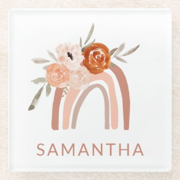 Boho Rainbow With Flowers | Neutral Color Glass Coaster by christine592 at Zazzle
