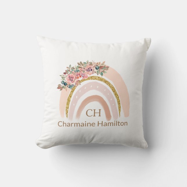 Boho Rainbow with Flowers - Neutral Color  Throw Pillow (Front)